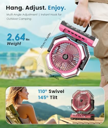 Misting Fan - Pink Portable Rechargeable Fan with 9oz Water Tank, Light, Hook - Versatile, 120H MAX Cooling, Last 5H Mist, 4 Speed, Sleep Mode - Outdoor Fans for Camping, Travel, Patios