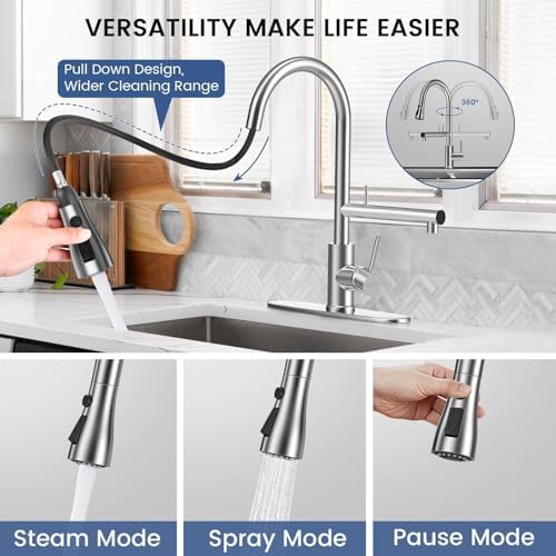 FEELSO Kitchen Faucets, Upgraded Filter Water Kitchen Faucet with Pull Down Sprayer, Brushed Nickel Stainless Steel High Arc 1 Or 3 Hole Kitchen Sink Faucet for Remove Chorine, Harmful Substances