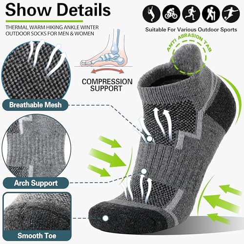 6 Pairs Merino Wool Ankle Hiking Running Socks Compression Support Thick Athletic Low Cut Socks for Women Men