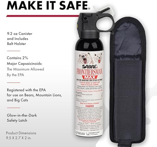 SABRE Frontiersman MAX Bear Spray – 40 ft Range, Maximum Strength, The Only EPA-Registered Spray for Bears & Mountain Lions, 9.2 oz, Glow Safety Clip, Outdoor Hiking & Camping Protection