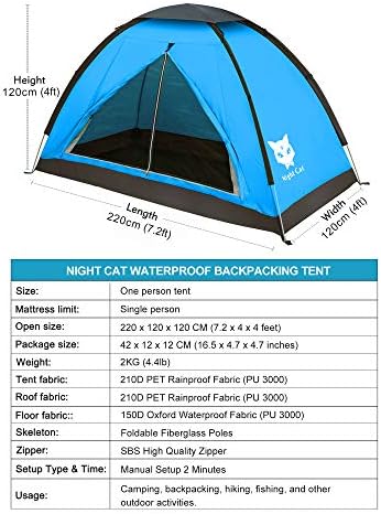 Night Cat Backpacking Tent for One 1 to 2 Persons Lightweight Waterproof Camping Hiking Tent for Adults Kids Scouts Easy Setup Single Layer 2.2x1.2m