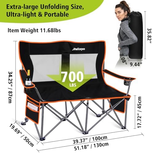 Camping Chairs Oversized Camping Chair Portable Lawn Chair Double Camping Chair for Adults Heavy Duty Folding Chair Support 700LBS with Big Side Organizer Pockets for Camping/Car Trunk/Beach/Campfires