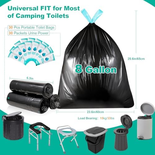 60 Portable Toilet Bags with Poo Gel Set, 8 Gallon Camping Toilet Bags with Absorbent Toilet Gel, Toilet Waste Bags, Leak-Proof Trash Bags for Camping Toilet, Traveling