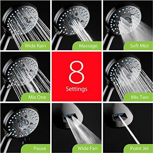 Hotel Spa AquaCare High Pressure 8-mode Handheld Shower Head - Anti-clog Nozzles, Built-in Power Wash to Clean Tub, Tile & Pets, Extra Long 6 ft. Stainless Steel Hose, Wall & Overhead Brackets