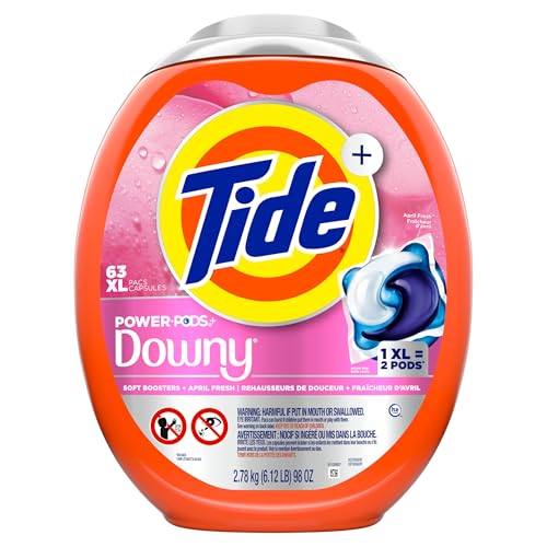Tide Power PODs 2-in-1 Laundry Detergent Pods with Downy Soft Boosters, Lasting Freshness with April Fresh Scent, 63 Count