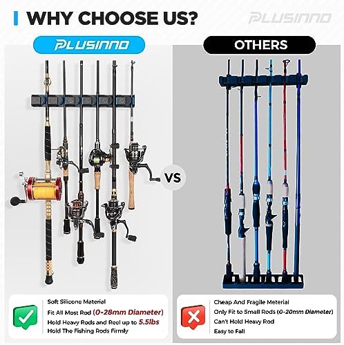 PLUSINNO Fishing Rod Holders - V6 Vertical Support for Extra Large & Heavy Fishing Rod Combos, Garage & Wall Mounted Rack Storage