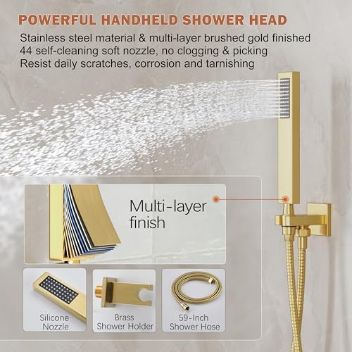 Shower System, Gold Shower Faucet Set with 12-Inch Rain Showerhead and Handheld Spray, Wall Mounted High-Pressure Showerhead Combo Set Included Valve and Trim, Brushed Gold