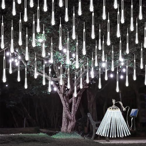 Solar Meteor Shower Lights,Solar Christmas Lights Outdoor Waterproof,16 Tubes 384 LEDs (Equivalent to 2 Sets of 8-Tube) Icicle String Light,LED Rain Drop Light for Tree Garden Decoration (Cool White)