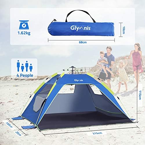 Pop Up Beach Tent Sun Shade Shelter for 3-4 Person with UPF 50+, Lightweight & Easy Setup, Vent Windows & Zippered Door, Extended Floor Family Instant Beach Tent