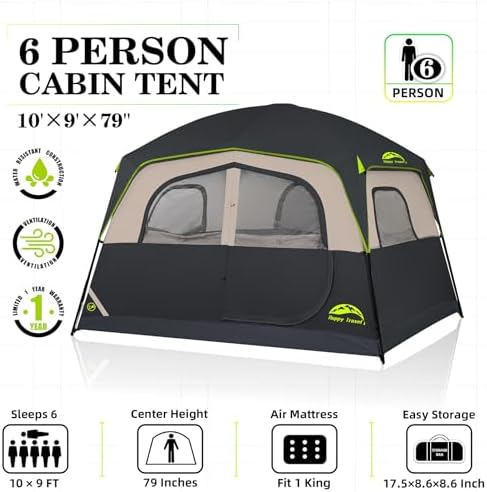 Happy Travel Tent 6 Person Tents for Camping, Waterproof Easy Setup Camping Tent with Rainfly, Portable Large Family Cabin Tent with 5 Large Mesh Windows and Carry Bag for Outdoor Camping & Hiking