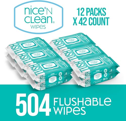Nice 'N Clean Adult Flushable Wipes (12 x 42 Count) | Personal Cleansing Wipes Made from Plant-Based Fibers | Infused with Aloe & Vitamin E