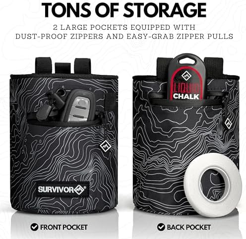 SURVIVOR Chalk Bag + Chalk Ball + Liquid Grip - Iconic Topographical Map, Draw String Closure, 2 Zippered Pockets, & Brush Holder - Bag for Rock Climbing, Bouldering, Weightlifting, Gymnastics & More