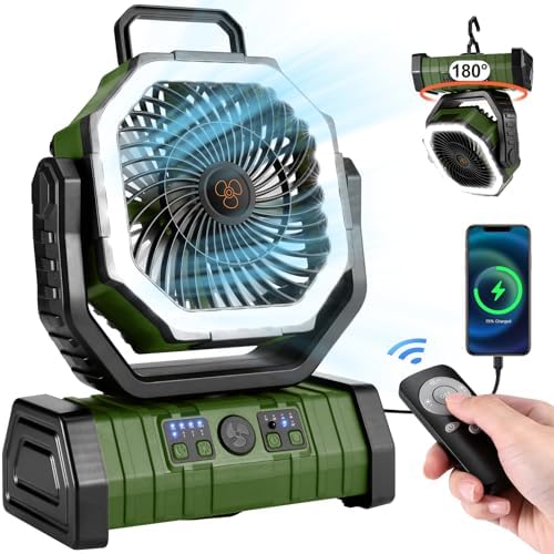 Odoland 30000mAh Camping Fan with LED Lantern, Rechargeable Battery Operated Oscillating with Remote Hook Stroage Bag, Portable Tent Fan with Timer, 4 Speeds for Outdoor RV Jobsite Power Outage, Green