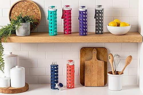 Ello Syndicate 20oz Reusable Glass Water Bottle with One-Touch Leak Proof Flip Lid and Protective Non-Slip Silicone Sleeve and Carry Loop for Coffee, Tea and Water, BPA-free Dishwasher Safe