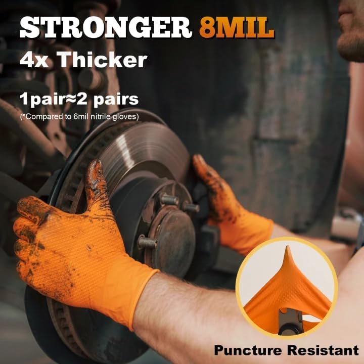 TitanFlex Heavy Duty Industrial Orange Nitrile Gloves, 8-mil, Gloves Disposable Latex Free with Raised Diamond Texture Grip, Powder Free, Rubber Glove, Mechanic Gloves,100-ct Box (XL)
