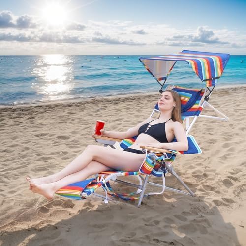 Oversized Heavy Duty Backpack Beach Chair with Sun Canopy, Reclining Lounge Chair Tanning Chair with Face Hole, 5-Position Foldable Camping Chair for Outdoor Sunbathing Beach Patio Pool (Multi Color)