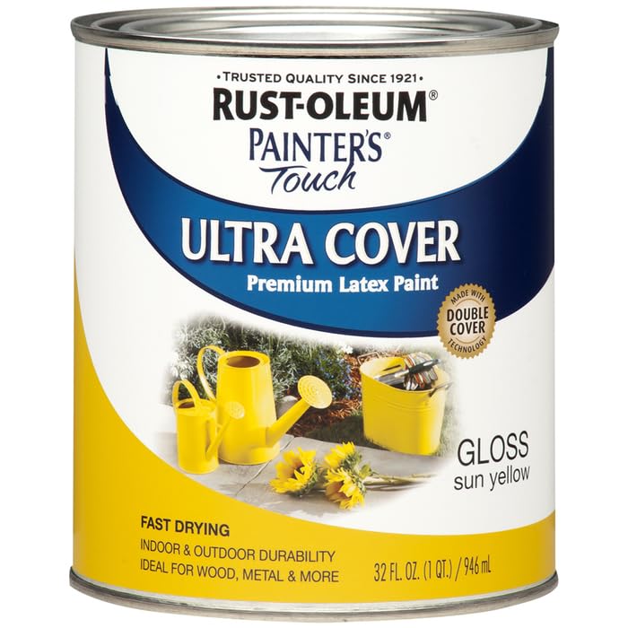 Rust-Oleum 1945502 Painter's Touch Latex Paint, Gloss Sun Yellow, 1 Quarts(Pack of 2)