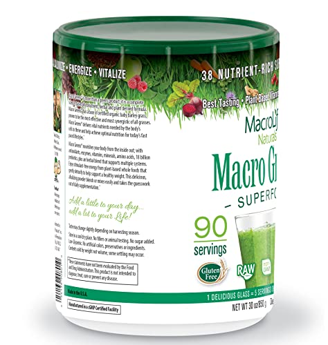 MacroLife Naturals Macro Greens Powder 38 Superfood Probiotic Antioxidant Enzyme & Herbal Supplement Immunity Energy Cleanse - Non-GMO Vegan Gluten-Free Dairy-Free - 30oz (90 Servings)