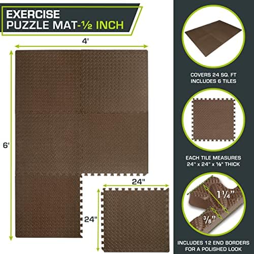 ProsourceFit Puzzle Exercise Mat ½ in, EVA Interlocking Foam Floor Tiles for Home Gym, Mat for Home Workout Equipment, Floor Padding for Kids, Black, 24 in x 24 in x ½ in, 48 Sq Ft - 12 Tiles