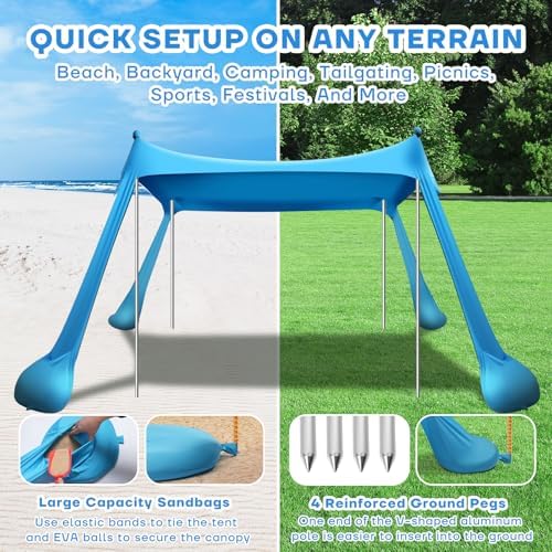 Beach Tent Canopy UPF50+ Protection, 10x10FT Beach Shade Sun Shelter Pop Up with 4 Stability Poles, Sandbags, Sand Shovels, Ground Pegs, Carrying Bag for Outdoor Family Camping Fishing Picnics