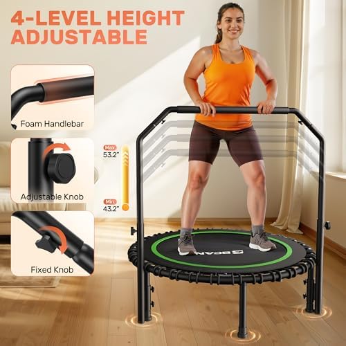 BCAN 450/550 LBS Foldable Mini Trampoline, 40"/48" Adult Fitness Trampoline with Bungees, U Shape Adjustable Foam Handle, Stable & Quiet Exercise Rebounder,Indoor/Outdoor Workout