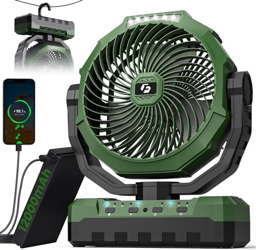 FRIZCOL 3-in-1 Camping Fan - Portable Fans Rechargeable - 12000mAh 9-Inch Battery Powered Fan(70Hrs) with Light & Remote for Indoor, Outdoor, Tent, Travel, BBQ, Fishing, Jobsite - Green