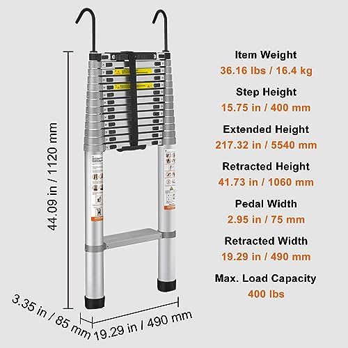 VEVOR Telescoping Ladder, 18.5 FT Aluminum Collapsible Extension Ladder, 400 LBS Capacity with Non-Slip Feet, Portable Multi-Purpose Compact Ladder for Home, RV, Loft, ANSI Liste