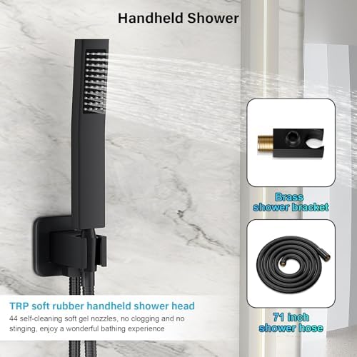 Black Shower Faucet Set, Rainfall Shower System with Square Shower Head and Handle Set, Wall Mounted Shower Fixtures, Full Metal Trim Repair Kit 10 inch Matte Black (With Shower Valve)