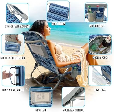 Backpack Beach Chair Aluminum 2 Pack with Folding Camping Table 5-Position Lay Flat Lounge Chair Outdoor for Adults with Insulated Cooler Bag and Cup Holder