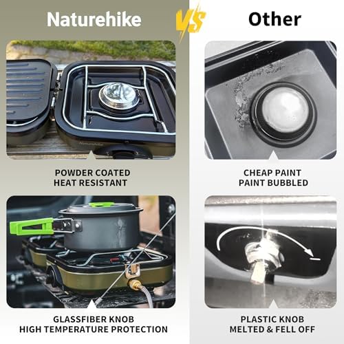 Naturehike 2 Burner Folding Camping Stove with Griddle, Portable Camp Isobutane Gas Stove with 16000 BTU Adjustable Burners & Piezo Ignition