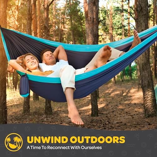Durable Hammock 500 lb Capacity, Nylon Camping Hammock Chair - Double or Single Sizes w/Tree Straps and Attached Carry Bag - Portable for Travel/Backpacking/Beach/Backyard (Large, Yellow & Blue)