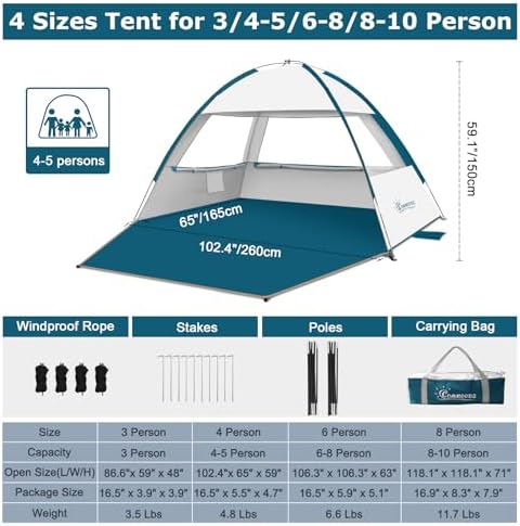 COMMOUDS Beach Tent Sun Shade for 3/4-5/6-7/8-10 Person, UPF 50+ Beach Sun Shelter Canopy Tent, Lightweight, Easy Set Up and Carry