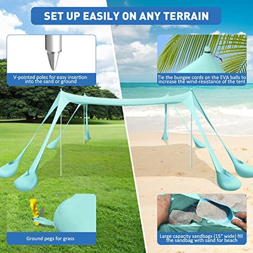 Beach Tent Canopy Pop Up Shade 10x10ft Sun Shelter Portable Family UPF50+ with 8 Sandbags-2 Sand Shovel-4 Aluminum Poles-Ground Pegs-Carrying Bag for Outdoor Camping Fishing Backyard Picnic