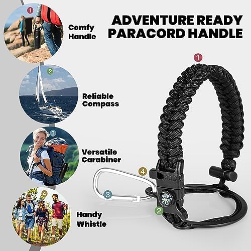 Insulated Water Bottle 40 oz, Triple Wall Vacuum Stainless Steel (Cold for 48 Hrs), Leak Proof & Non-BPA, Modern Water Flask Jug with Paracord Handle & Straw Spout Lids, Magic Black