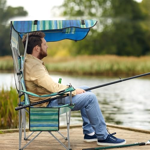 Camping Chair, Oversized Folding Chair with Canopy, Portable Outdoor Chair with Arms, Cup Holder and Carry Bag for Camping, Fishing, Beach, and Sports, Multi-Color