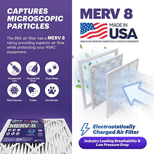 BNX TruFilter 20x20x1 Air Filter MERV 8 (6-Pack) - MADE IN USA – Dust & Pet Defense Electrostatic Pleated Air Conditioner HVAC AC Furnace Filters for Dust, Pet, Mold, Pollen MPR 600 – 700 & FPR 5