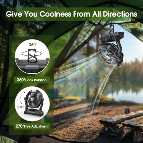 Portable Rechargeable Fan, 20000mAh Cordless Battery Powered Camping Tent Fans with LED Lantern, Small USB C Operated Outdoor Ventilador for Travel Camp Fishing Picnic Beach Office Home Essentials