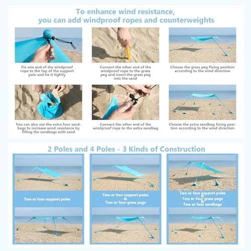 Beach Tent Sun Shelter 10 x 10FT with 8 Sandbags, UPF 50+ Protection Beach Shade Canopy, Eazy Up Portable Canopy Tent for Sun, Camping, Fishing, Backyard