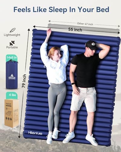 Hikenture Double Sleeping Pad for Camping, 4" Extra-Thick Camping Mattress 2 Person, Inflatable & Ultralight Sleeping Mat for Backpacking, Hiking (Navy Pumpsack, Full XL)