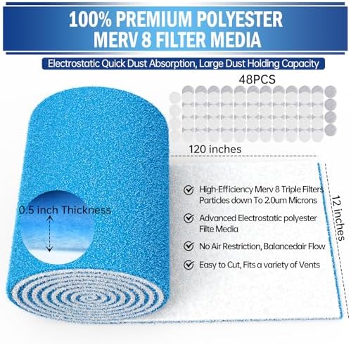 UBeesize Air Vent Filters, 120" x 12" Cut to Size Air Filter Material (50+ Filters), MERV 8 Triple Vent Filter Kit for Home Floor, Grilles, Ceiling, HVAC Furnace Vents, With 48PCs Adhesive Hook Tape