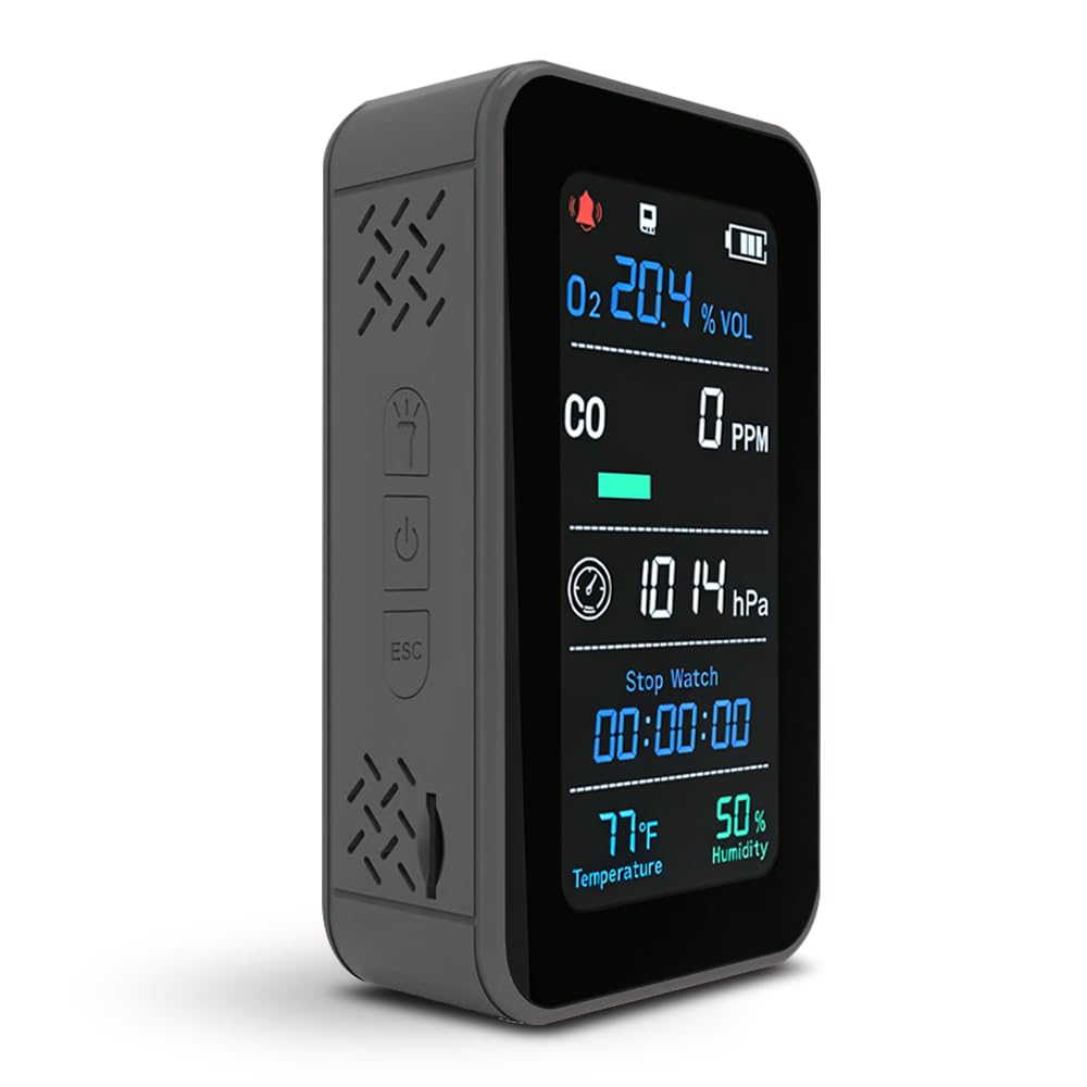 GZAIR Portable 7-in-1 Multi Gas Detector, O2 CO Gas Monitor with Temperature Humidity Air Pressure Sensors, Rechargeable Device with Data Logging and Flashlight