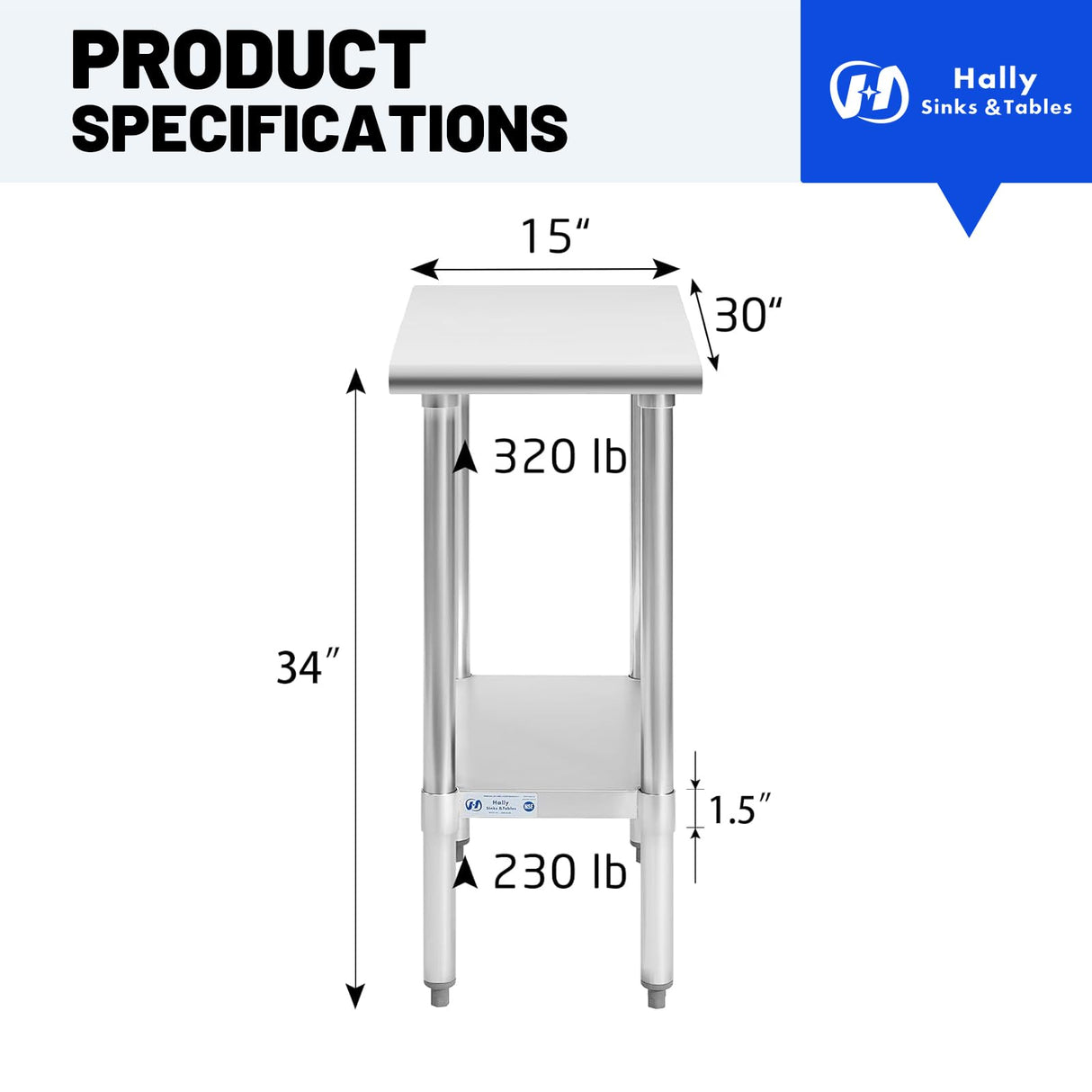 Hally Stainless Steel Table for Prep & Work 30 x 15 Inches, NSF Commercial Heavy Duty Table with Undershelf and Galvanized Legs for Restaurant, Home and Hotel
