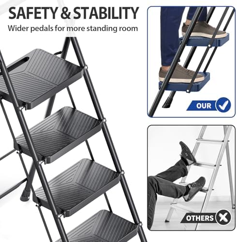 KINGRACK Folding 4 Step Ladder, Portable Ladder for Multi-Purpose, Home, Kitchen, Heavy Sturdy Steel Step Stool with Anti-Slip Wide Pedals, Handrail, Safe-Lock Design, Pass 500lbs Load Testing, Black