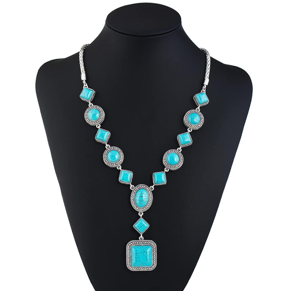 Bluegoog 3 Pieces Bohemian Turquoise Necklace for Women Western Jewelry Boho Necklace Set Vintage Pendant Long Choker Alloy Turquoise Dangle Earrings Layered Bracelets
