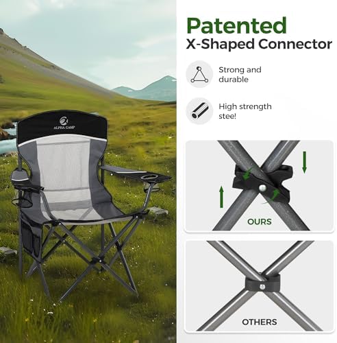ALPHA CAMP Oversized Mesh Back Camping Folding Chair Heavy Duty Support 350 LBS Collapsible Steel Frame Quad Chair Padded Arm Chair with Cup Holder Portable for Outdoor (Black/Grey)