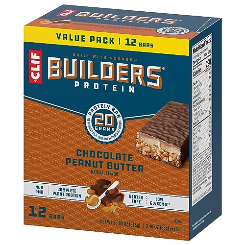 CLIF BUILDERS Protein Bars - Chocolate Peanut Butter Flavor - 20g Plant Based Protein - Gluten Free - Non-GMO - Low Glycemic - No Artificial Sweeteners - Value Pack, 2.4 oz. (12 Count)