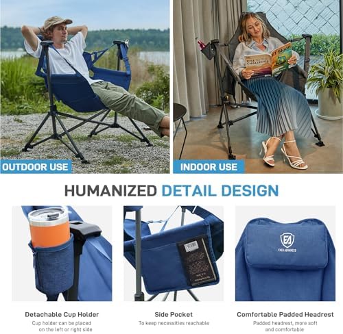 EVER ADVANCED Padded Hammock Camping Chair, Oversized Heavy Duty Swing Chair with Detachable Cup Holder, Portable Folding Rocking Camping Chair for Outdoor&Indoor, Support Up to 400lbs, Blue