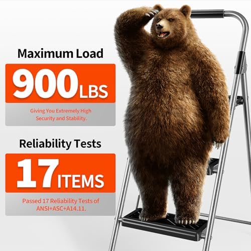 3 Step Ladder, Folding Step Stool with Anti-Slip Wide Pedal, Soft Handle, Anti-Slip Feet, Sturdiest Steel Construction, 900lbs Capacity Steel Ladder for Home and Office, Grey