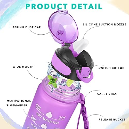 Enerbone 32 oz Drinking Water Bottle with Times to Drink and Straw, Motivational with Carrying Strap, Leakproof BPA & Toxic Free, Ensure You Drink Enough Water for Fitness Gym Outdoor
