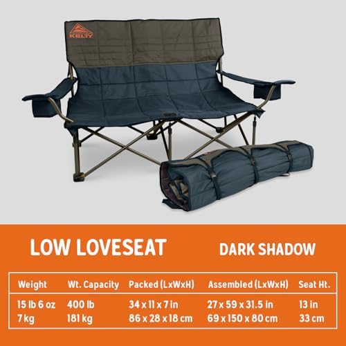 Kelty Low Loveseat Double 2 Person Camping Chair, Two Person Foldable Seat for Festivals, Concerts, Tailgates, Beach Days, Low Seat Height